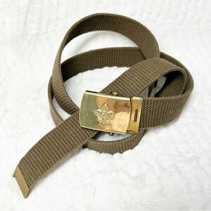 Vintage Boy Scouts Canvas Webbing Belt Olive Green Brass Buckle Adjustable USA